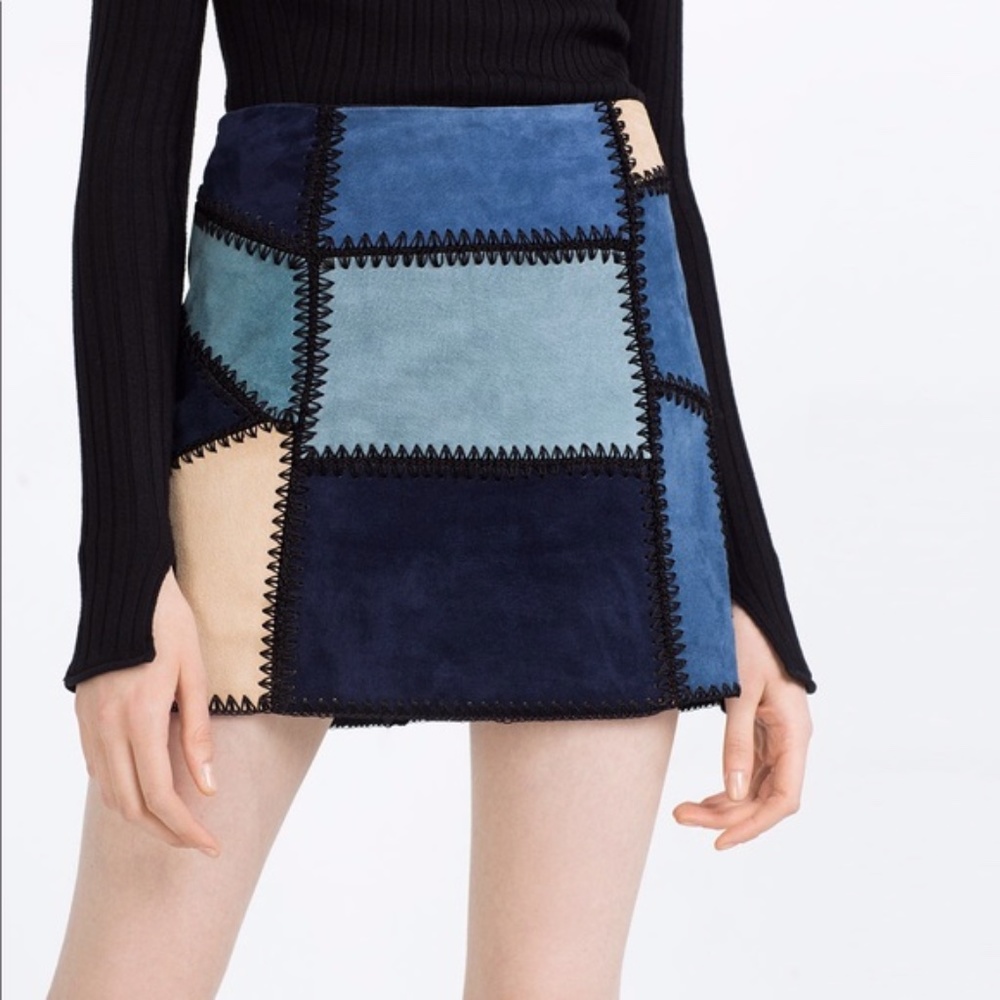 Zara Woman Blues / Tan Suede Panel Skirt